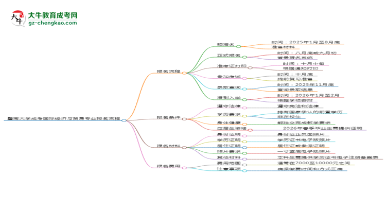 暨南大学成考国际经济与贸易专业2025年报名流程思维导图