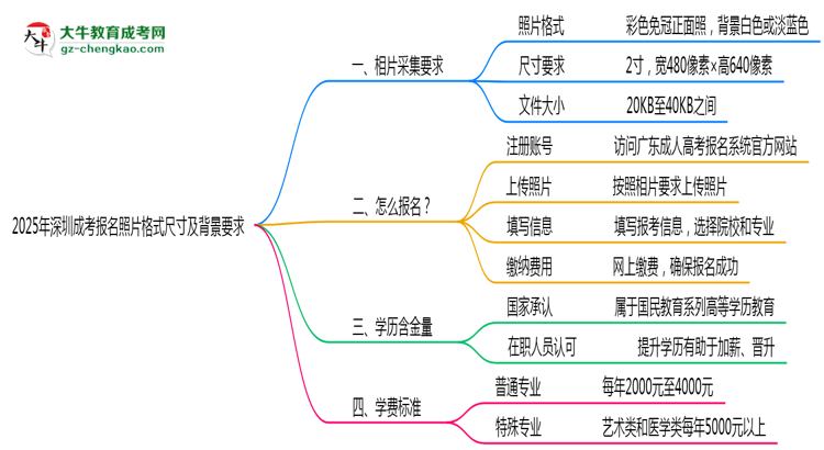 2025年深圳成考报名照片格式尺寸及背景要求思维导图